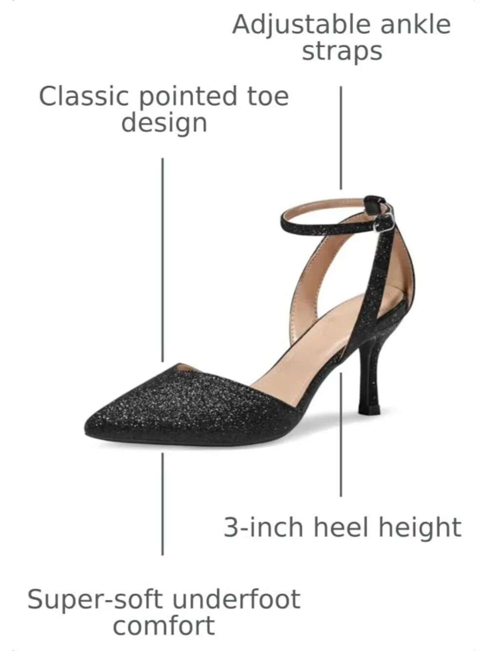 Women's Black Glitter Closed Toe Kitten Heels Comfortable Dress Pumps Shoes